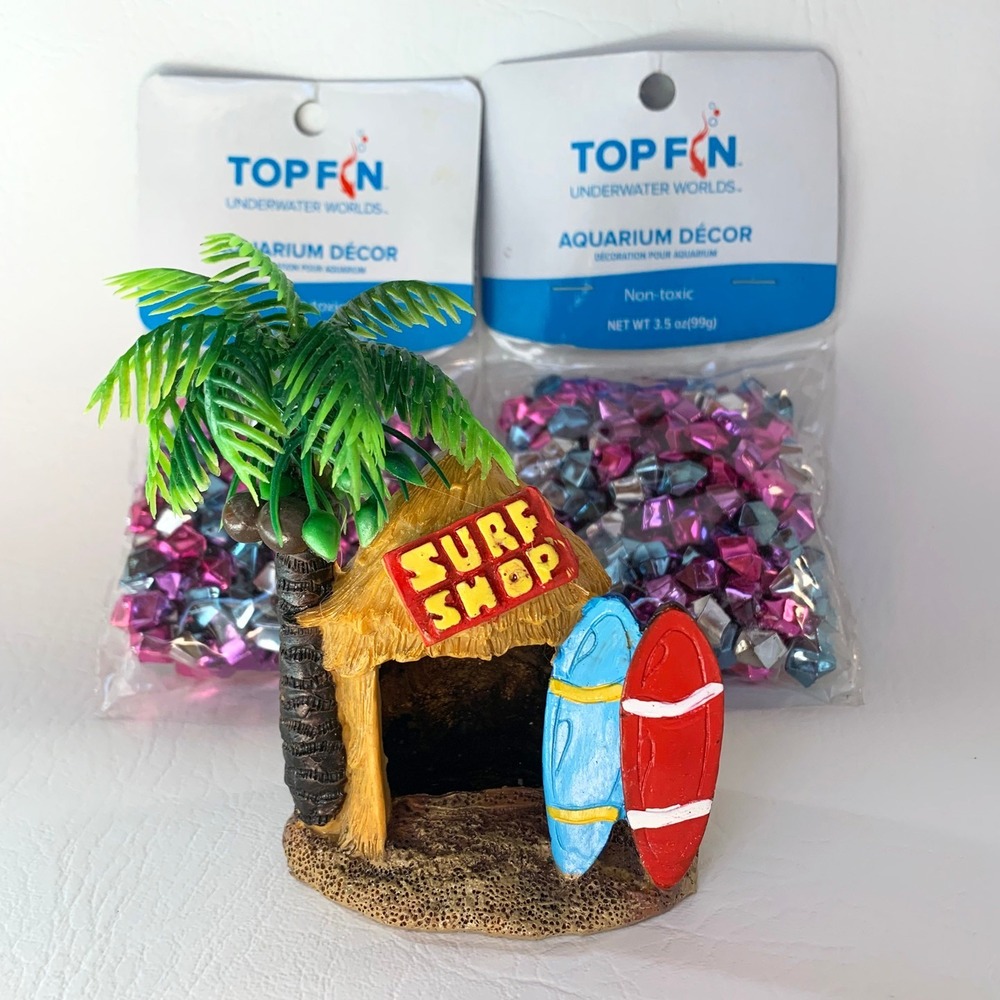Top Fin Aquarium Decor Tiki Surf Shop Mermaid Electroplated Mix 2 Pack Lot New